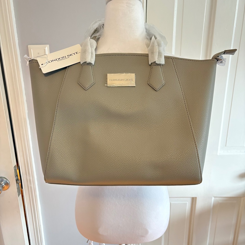 NEW London Skye Grey Pebble Textured Faux Leather Tote Bag Top Zip Handbag